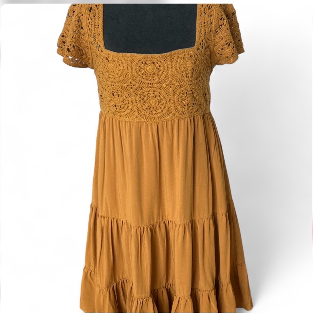 SO Mustard Crochet Yoke Tiered Midi Dress